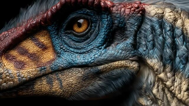 Close up of a dinosaur head intense gaze sharp teeth colorful feathers powerful predator extinct reptile detailed skin fascinating creature