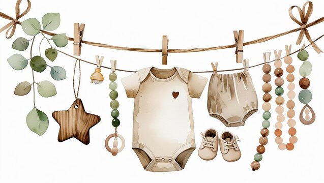 Cute Watercolor Baby Clothes and Nursery Decorations Hanging on a Clothesline, Perfect for Gender-Neutral Baby Shower Invitations and Announcements