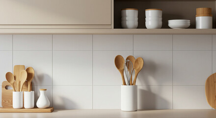 Minimalist Beige and White Kitchen Shelf with Wooden Utensils,kitchen, spoon, wooden, cooking, utensils, wood, spatula, utensil, 
