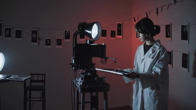 Young female technician in white lab coat examining photographic contact sheets on an illuminated enlarger in a vintage darkroom with hanging photos
