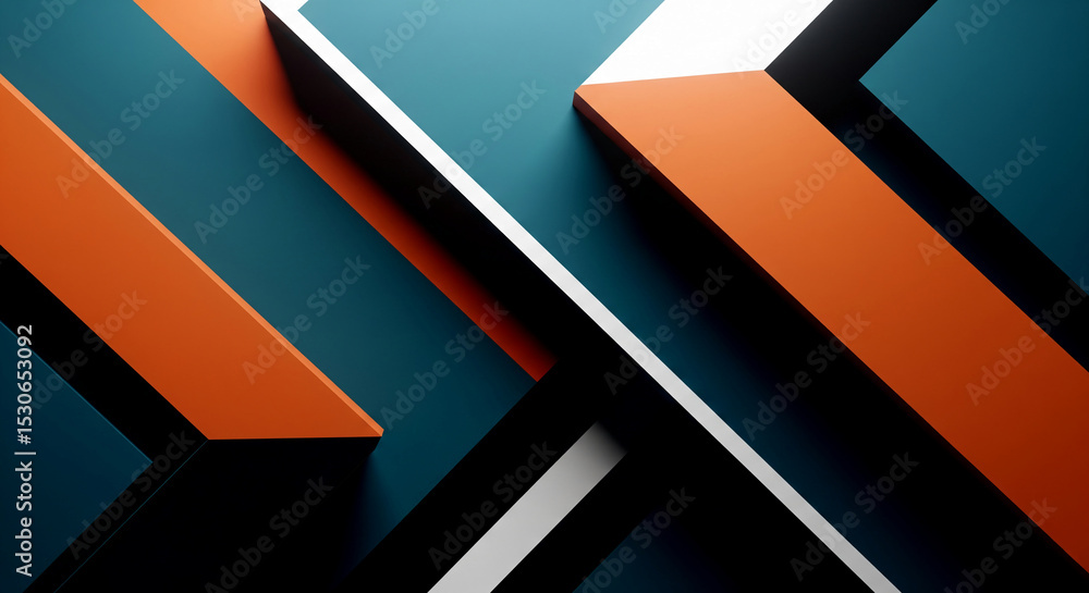 Poster abstract image with teal, orange, black, and white geometric shapes intersecting, creating a dynamic