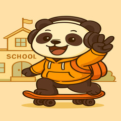 A cool panda skateboards in front of a school, wearing a hoodie and headphones, making a peace sign and smiling widely, on a plain background.