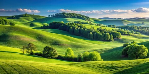 Fototapeta premium Rolling hills of emerald green with trees standing tall in the distance against a bright blue sky on a warm sunny day