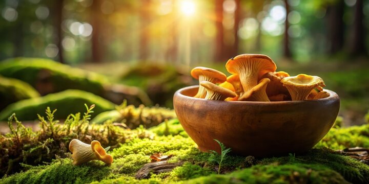 Earthy brown bowl sits atop a lush carpet of moss and forest floor dirt surrounding chanterelle mushrooms
