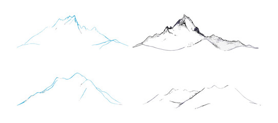Mountain line set, isolated vector illustration, terrain sketch, white background, minimal landscape outline, elevation silhouette, cad drawing, nature concept, outdoor view, transparent background.