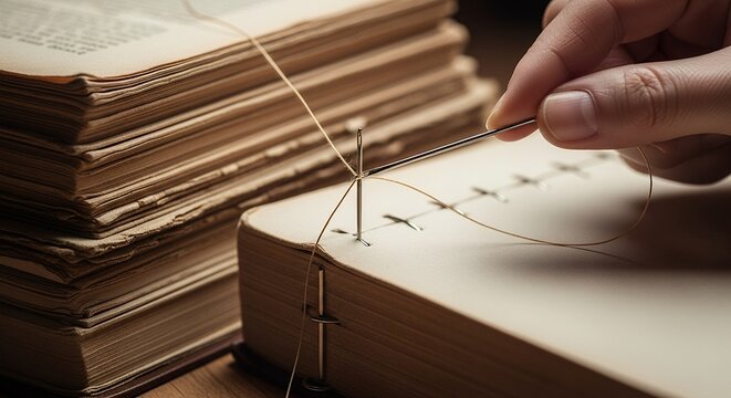 Hand Carefully Sewing Antique Book Binding with Needle and Thread