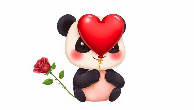 A cartoon panda holding a red heart balloon and a red rose on a white background