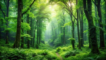 Obraz premium Dense green forest with towering trees and lush foliage