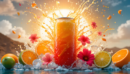 Orange Red Citrus Energy Drink Can Splashing Fruit Mockup, Summer Ice Beverage Concept with Lime, Orange, Flowers, and Sunshine