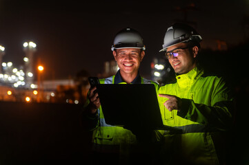 Two engineers are standing and working with smiling faces in front of an industrial plant at night