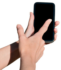 Woman using a smartphone with black screen at work. concept of business, communication,media technology.transparent, png