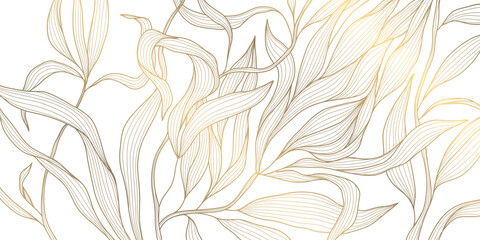 Vector line gold on white leaves, flower art, tea elegant pattern. Art deco, japanese floral luxury illustration. Wave jungle, tree branch summer motif. © marylia17