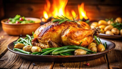Fototapeta premium Succulent roasted chicken served with golden potatoes and green beans in a warm and inviting dining atmosphere at a cozy restaurant