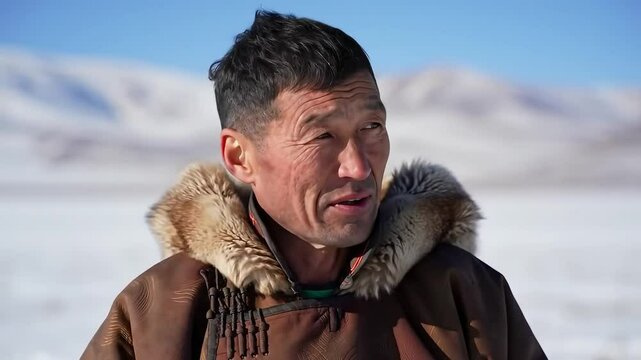 Tough Mongolian Man with Prominent Cheekbones &ndash; Rugged Portrait in Fur-Lined Collar & Dramatic Overhead Light