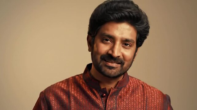 Charismatic Indian Man in Traditional Kurta &ndash; Warm Portrait with Expressive Eyes & Neat Beard