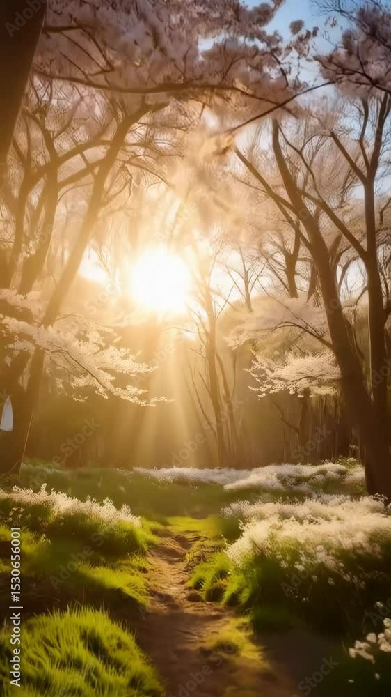 Poster serene forest path with blooming trees and sunbeams filters through the canopy, creating an idyllic 