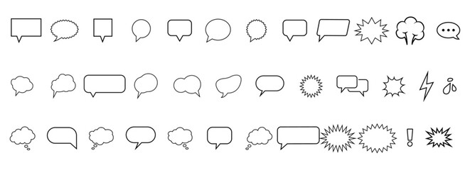 Diverse outline speech bubbles, thought balloons, and comic chat icons vector set, various empty message boxes for dialogue, communication, and idea presentation for manga and webtoons comics