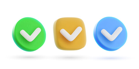 Set of 3d vector check mark icons in cartoon minimal style.