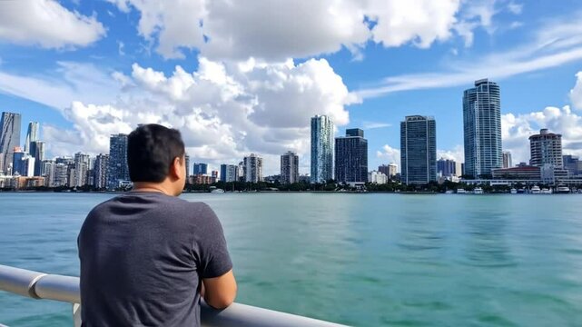 Contemplative moment gazing at the vibrant Miami skyline on a beautiful day
