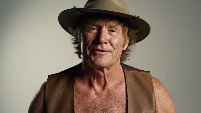 Handsome Australian Outback Man &ndash; Sun-Kissed & Rugged Portrait in Neutral Studio Light