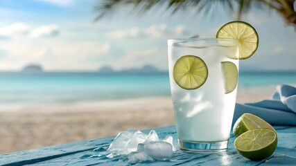 Refreshing lime drink with ice on beachside table for detox  