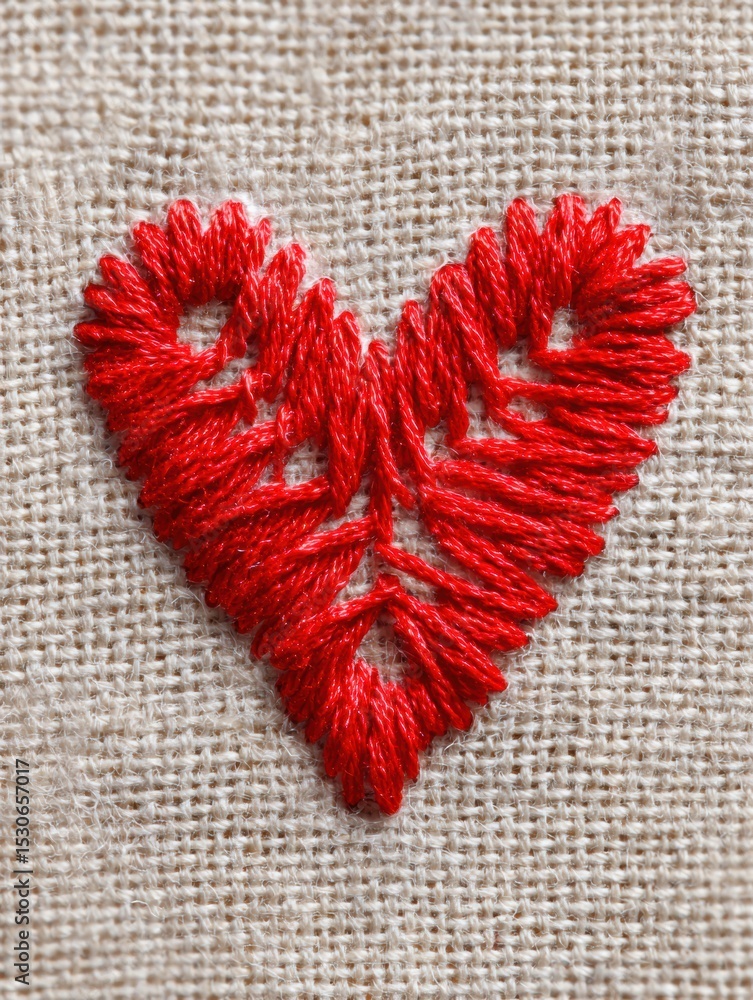 Aufkleber red thread stitched into a heart shape on a textured linen background, creating a heartfelt design s