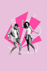 Creative sketch design collage of couple young lady man excited dance together date summer sunglass carefree weekend night party clubber