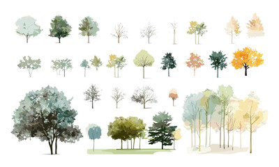 Green painting of trees, vector illustration, watercolor tree set, tropical, oak, maple, poplar, stroke fill, side view elements, forest symbol, clipart for landscape use.