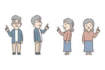 指差しをするシニア夫婦の全身イラストセット（正面・横向き）