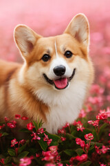 Happy Corgi Dog in Flowers