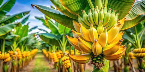 Fototapeta premium Colorful banana blossoms with large yellow and green petals emerging from a robust plant stem on a plantation field