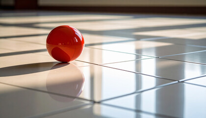 Red Rubber Ball on Shiny Tiled Floor