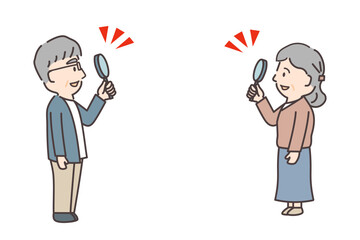 虫眼鏡を持って向かい合うシニア夫婦のイラスト