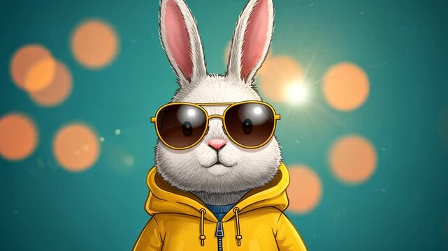 Cartoon rabbit wearing sunglasses and a hoodie