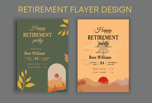 Traditional Happy retirement party celebration flyer design, social media post, vintage, old, elder, senior, festive, emotion, royal, wish, greeting, invitation, black, event, a4 templates bundle.