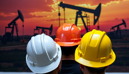 Workers Observing Oil Pumping at Sunset