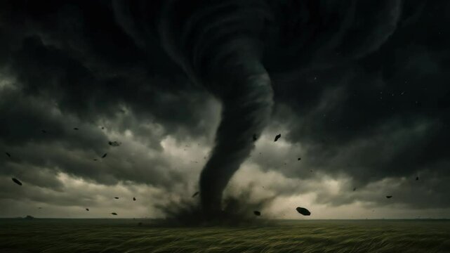 Dramatic low-angle shot of a powerful tornado under dark clouds in a field, capturing the raw intensity of nature, resembling a scene from a disaster video. Live desktop wallpaper.