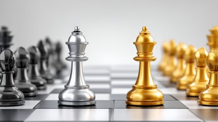 Silver and gold chess kings face off on a chessboard in a strategic game setting