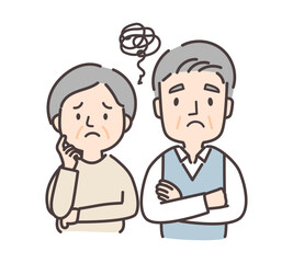 不安げに考える老夫婦のイラスト
