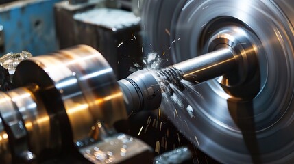 Close-up of a lathe turning operation showcasing a metal workpiece being shaped by a cutting tool, with chips flying and coolant spraying. The lathe's spindle rotates the workpiece while the tool hold