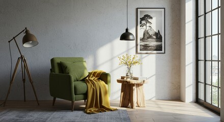 Sunlit Green Armchair with Yellow Throw and Rustic Side Table