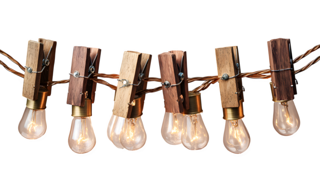 Rustic string lights with wooden clip holders for wedding photos
