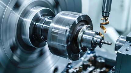 Close-up of a lathe turning operation showcasing a metal workpiece being shaped by a cutting tool, with chips flying and coolant spraying. The lathe's spindle rotates the workpiece while the tool hold