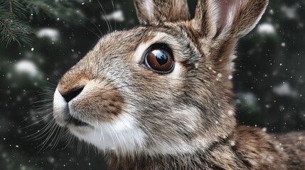 Naklejka premium Close-up of a rabbit's face with snow falling against a dark background
