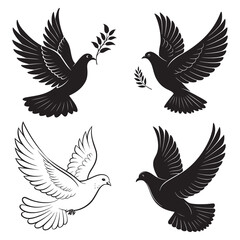 Dove of peace and flying bird vector set with silhouettes and wings