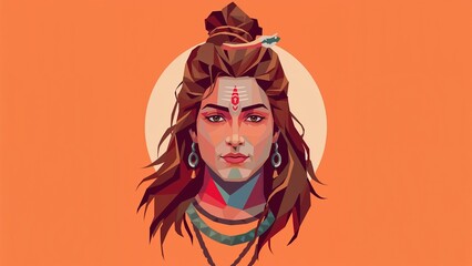 Low poly portrait of Lord Shiva against an orange background with a subtle sun halo.