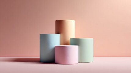 Assorted pastel cylindrical pedestals, varying in height and color, are neatly arranged on a pink surface for modern product display.