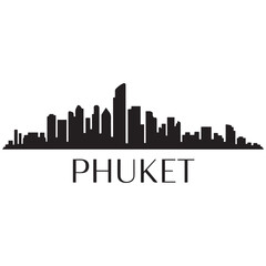 Naklejka premium Panoramic View of Downtown Phuket Skyline. Phuket city black silhouette skyscrapers and buildings. Long cityscape. Vector black silhouette. with white background