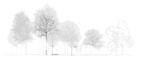 Side view tree line in minimal cad style, architectural drawing for landscape design, wetland forest section elements. Vector illustration, blueprint, ecology, architecture.