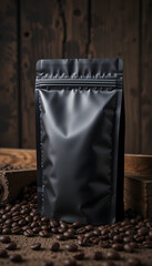 Matte Black Coffee Pouch on Rustic Wooden Background with Roasted Coffee Beans Premium Packaging for Gourmet Ground or Whole Bean